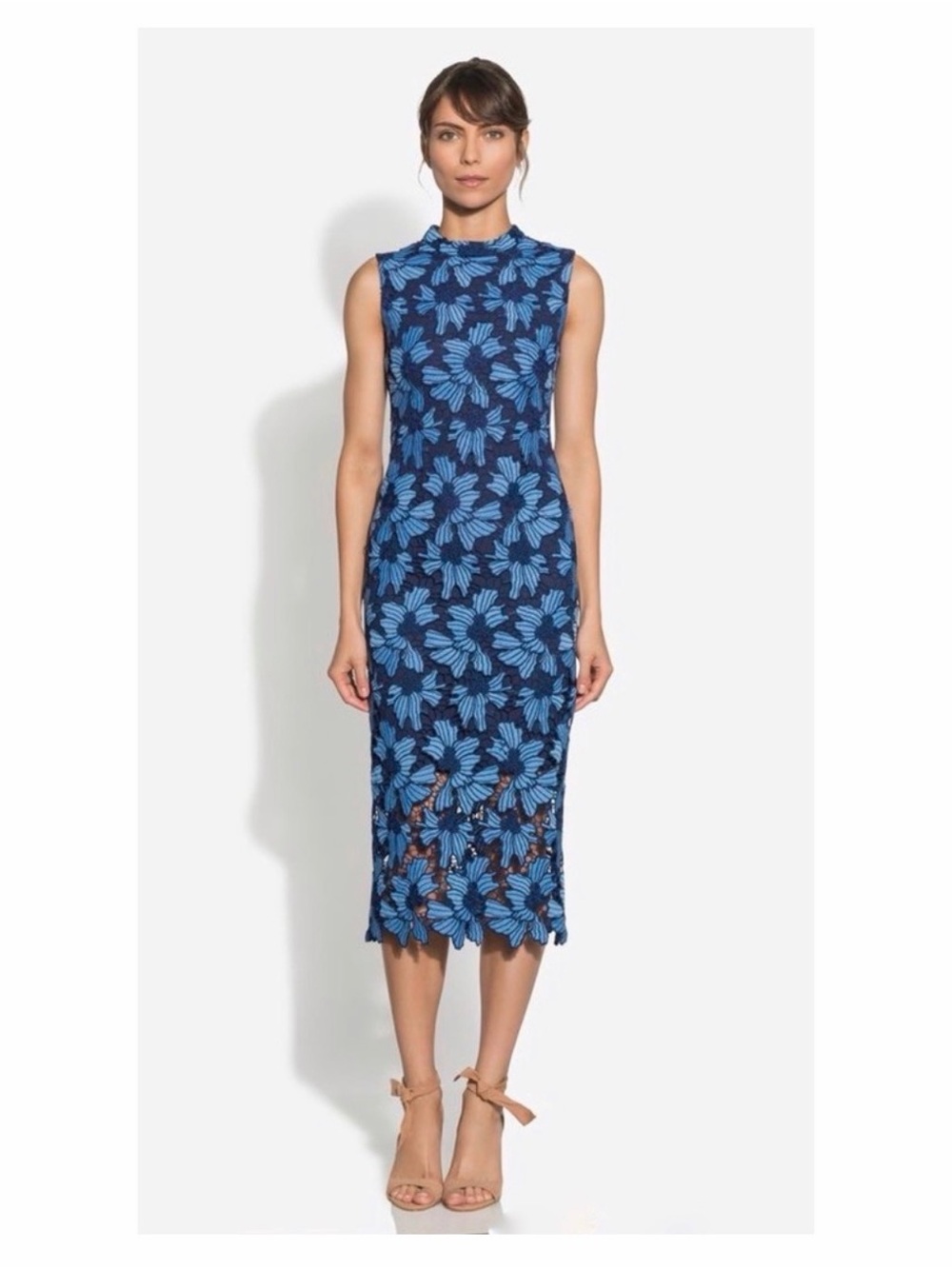 Shoshanna Navy Blue & Light Blue Floral Lace Midi Dress